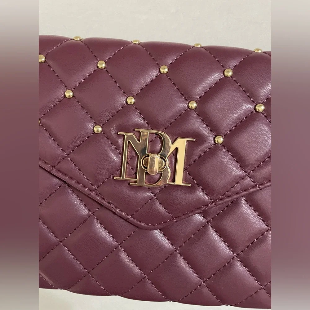 Badgley Mischka NWT Crossbody Diamond Quilting Round Studs on Front Plum Gold